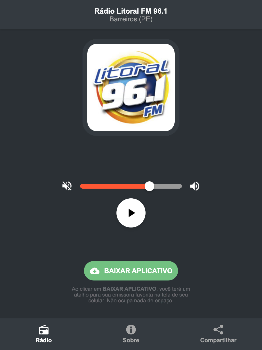 Screenshot do aplicativo da Rádio Litoral FM 96.1