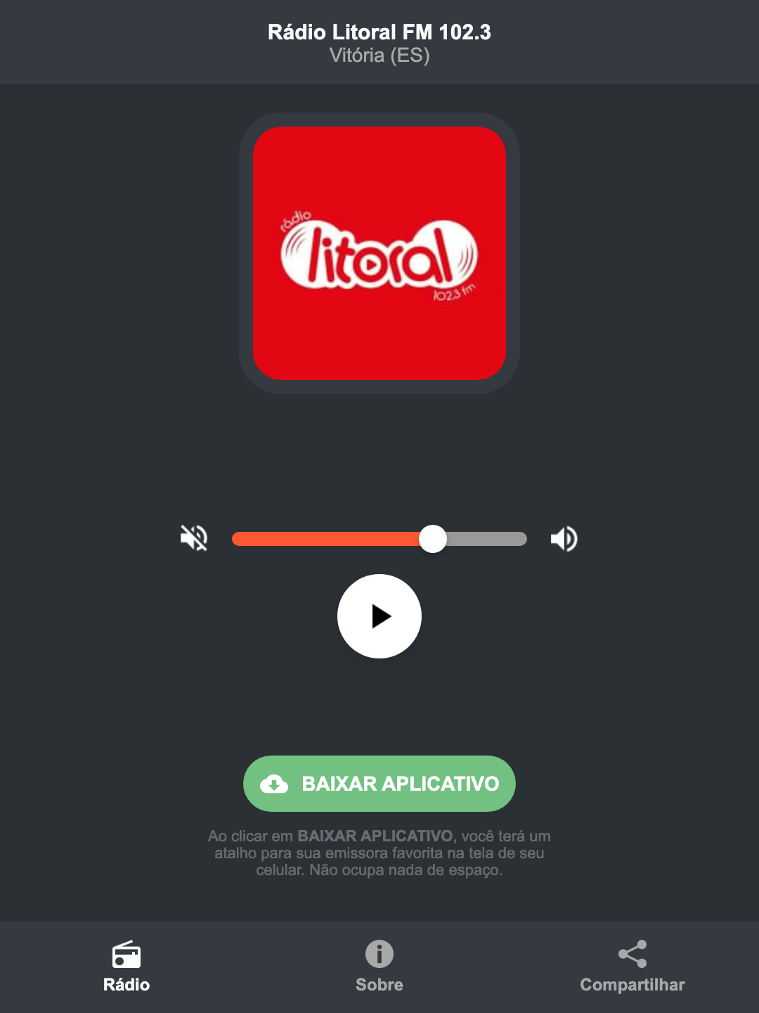 Screenshot do aplicativo da Rádio Litoral FM 102.3