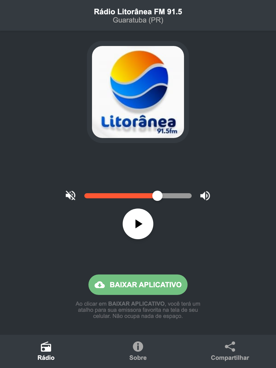 Screenshot do aplicativo da Rádio Litorânea FM 91.5