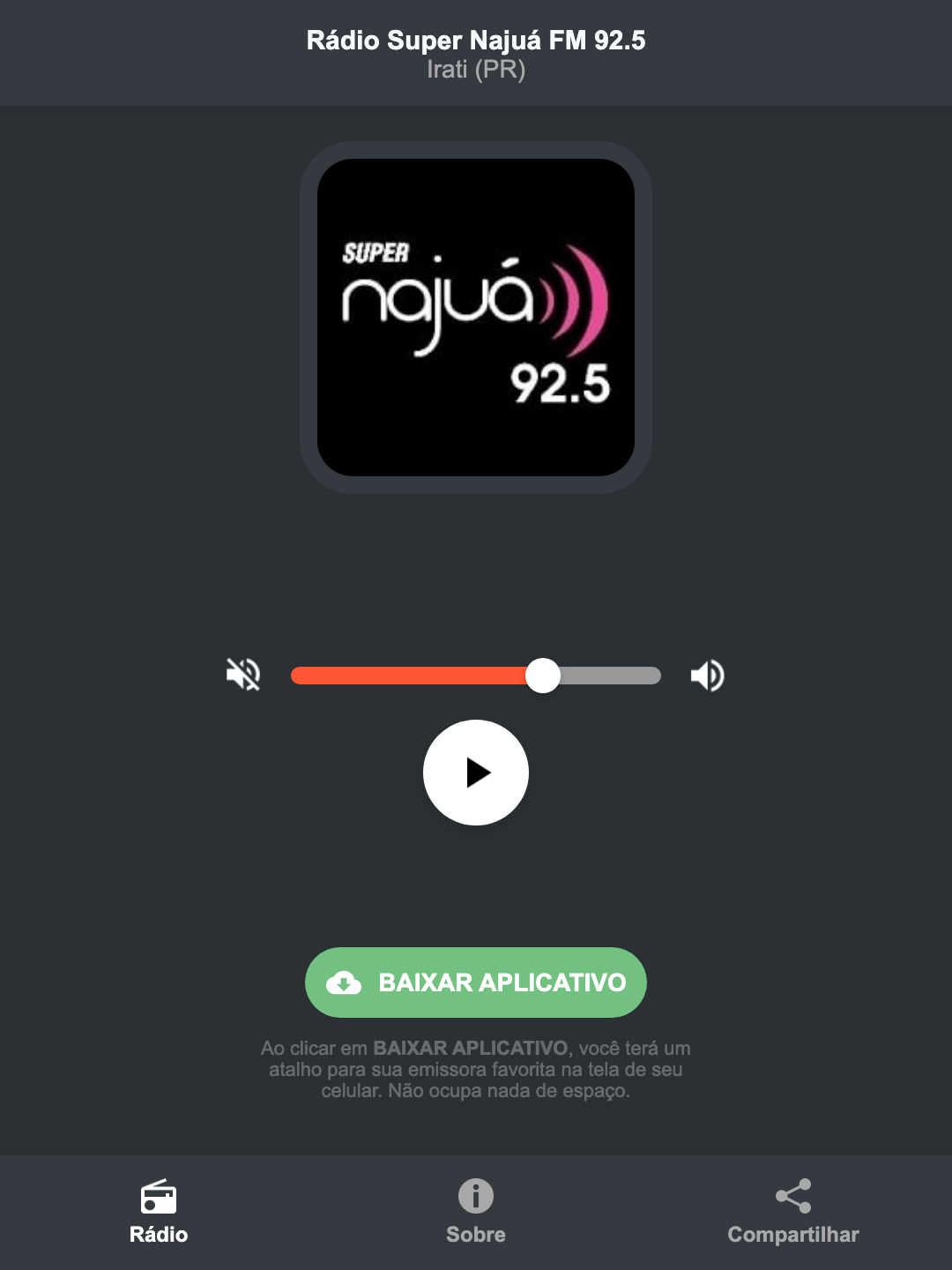 Screenshot do aplicativo da Rádio Super Najuá FM 92.5