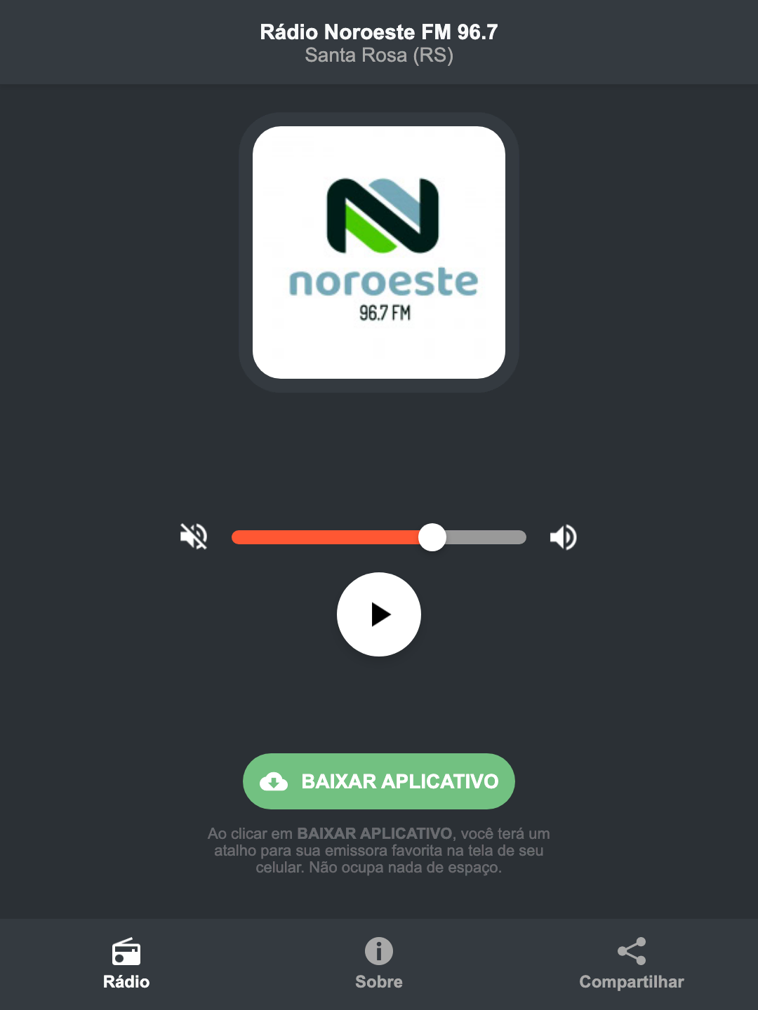 Screenshot do aplicativo da Rádio Noroeste FM 96.7