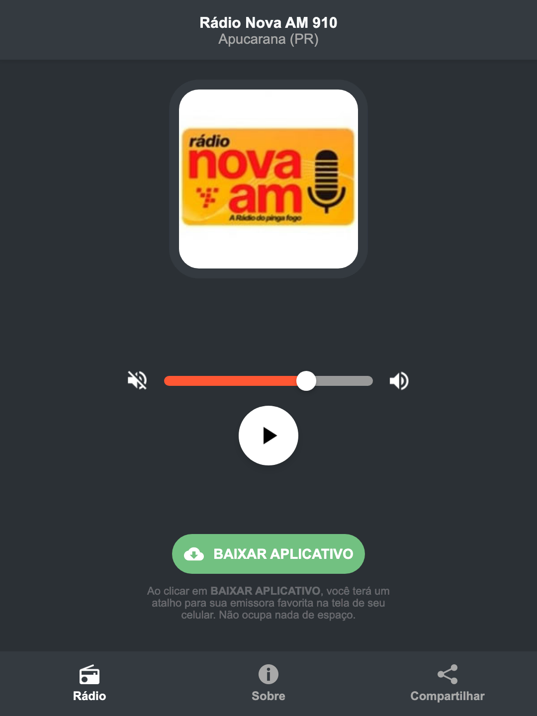 Screenshot do aplicativo da Rádio Nova AM 910