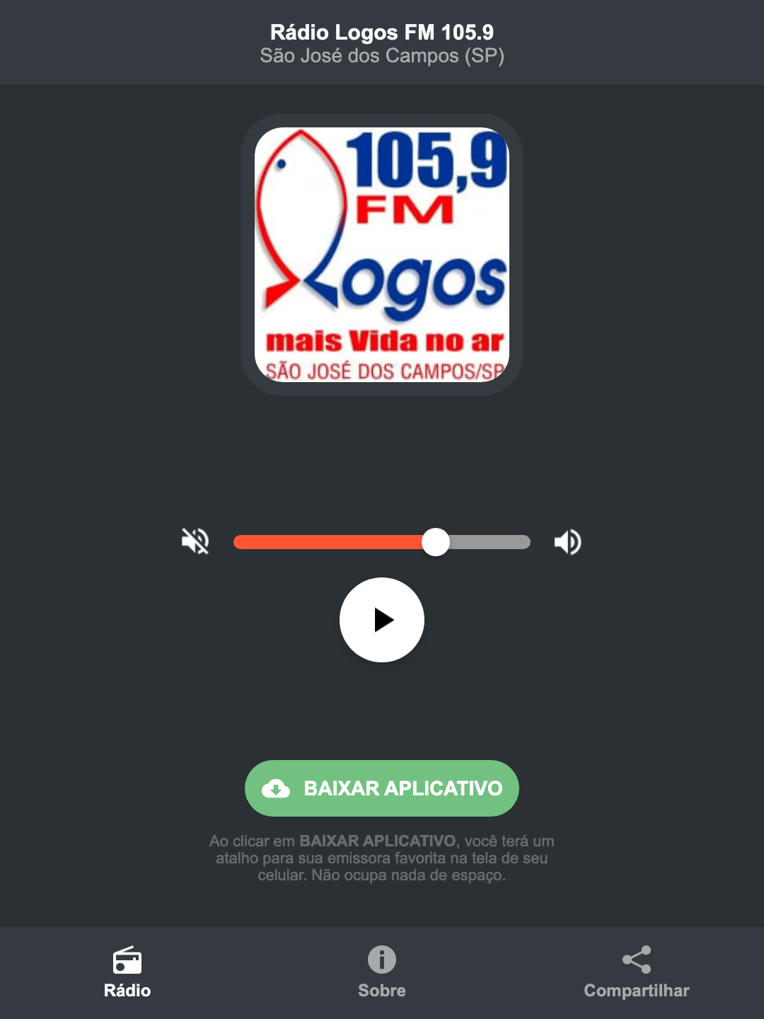 Screenshot do aplicativo da Rádio Logos FM 105.9