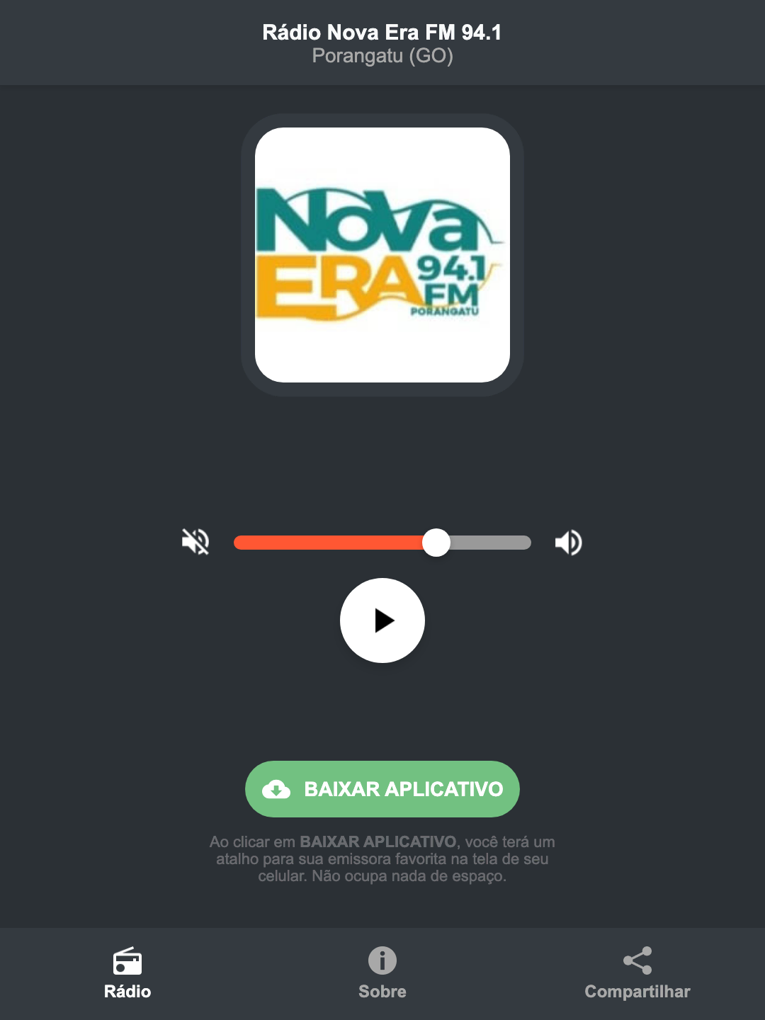 Screenshot do aplicativo da Rádio Nova Era FM 94.1