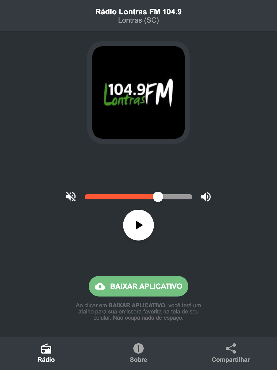 Screenshot do aplicativo da Rádio Lontras FM 104.9