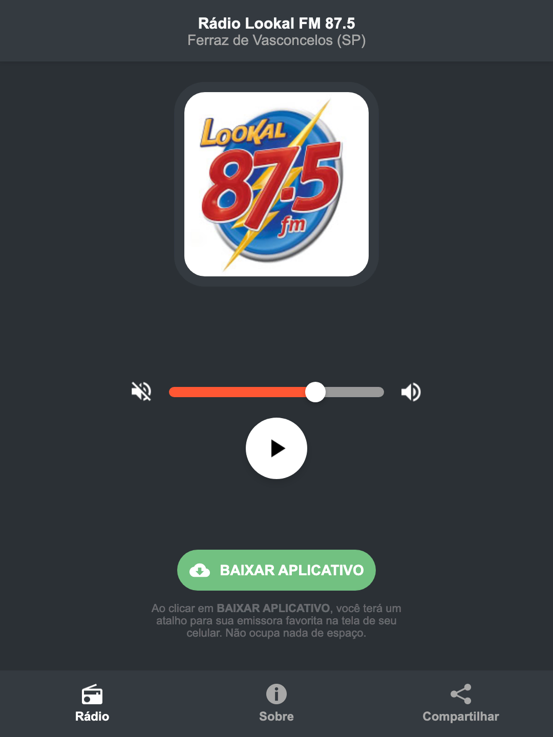 Screenshot do aplicativo da Rádio Lookal FM 87.5