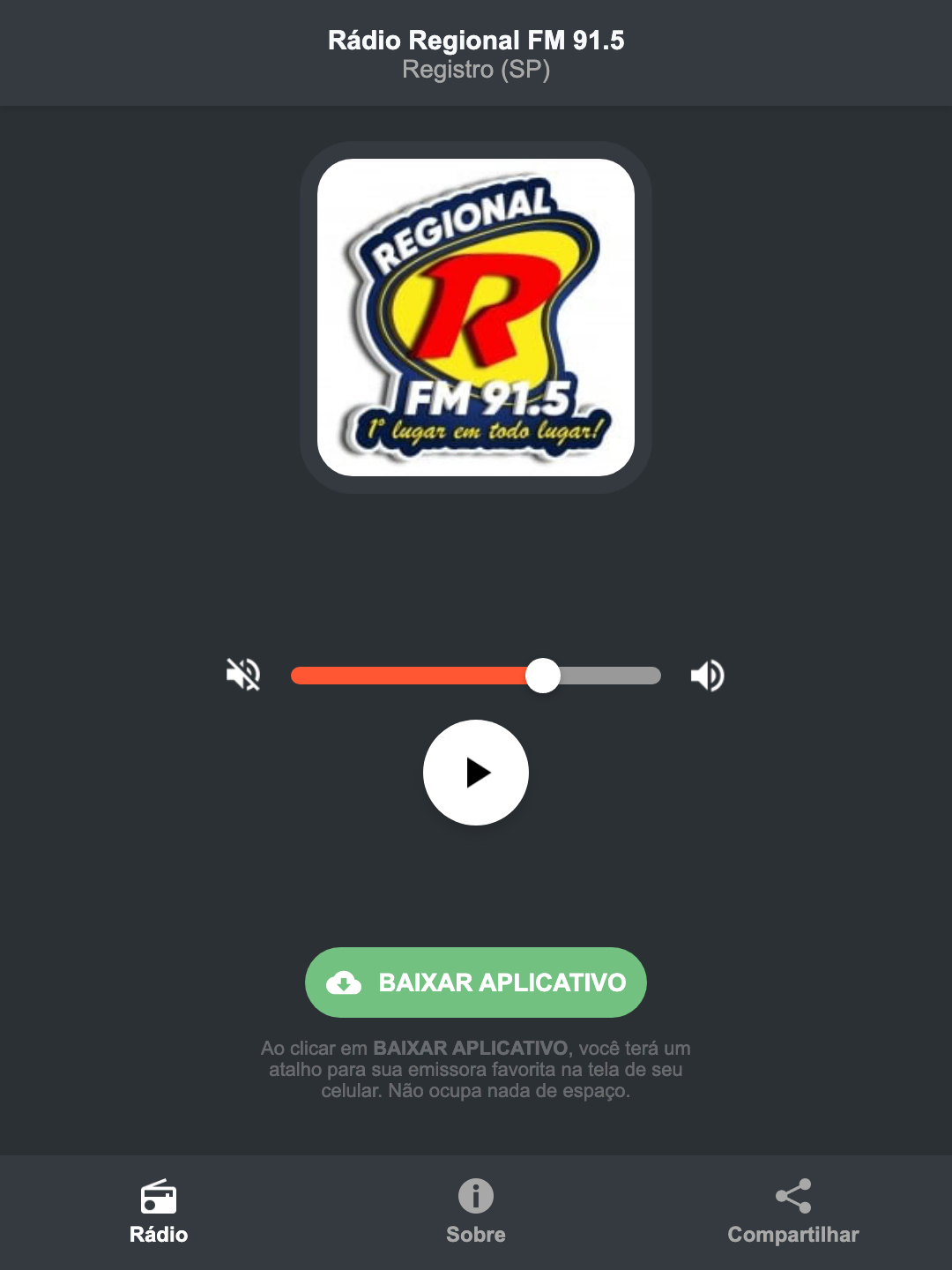 Screenshot do aplicativo da Rádio Regional FM 91.5