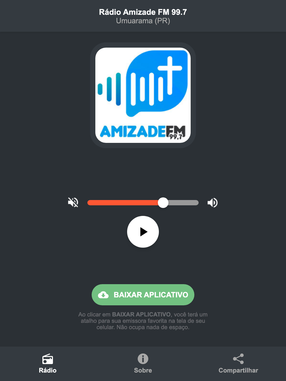 Screenshot do aplicativo da Rádio Amizade FM 99.7