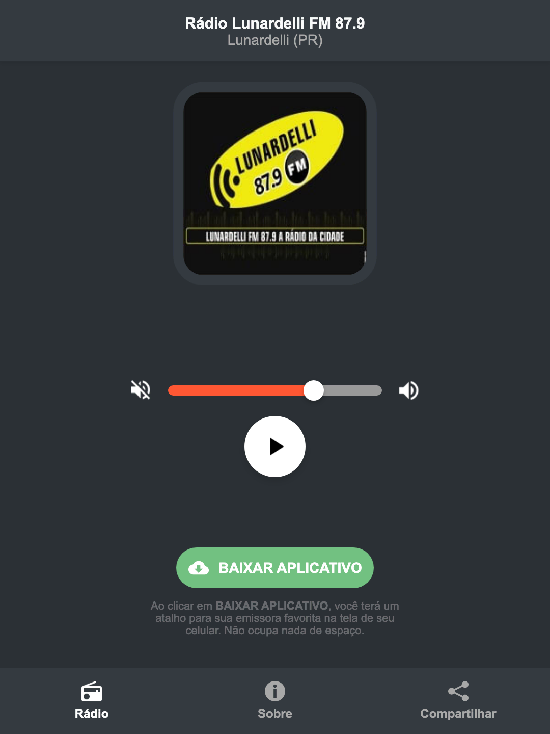 Screenshot do aplicativo da Rádio Lunardelli FM 87.9