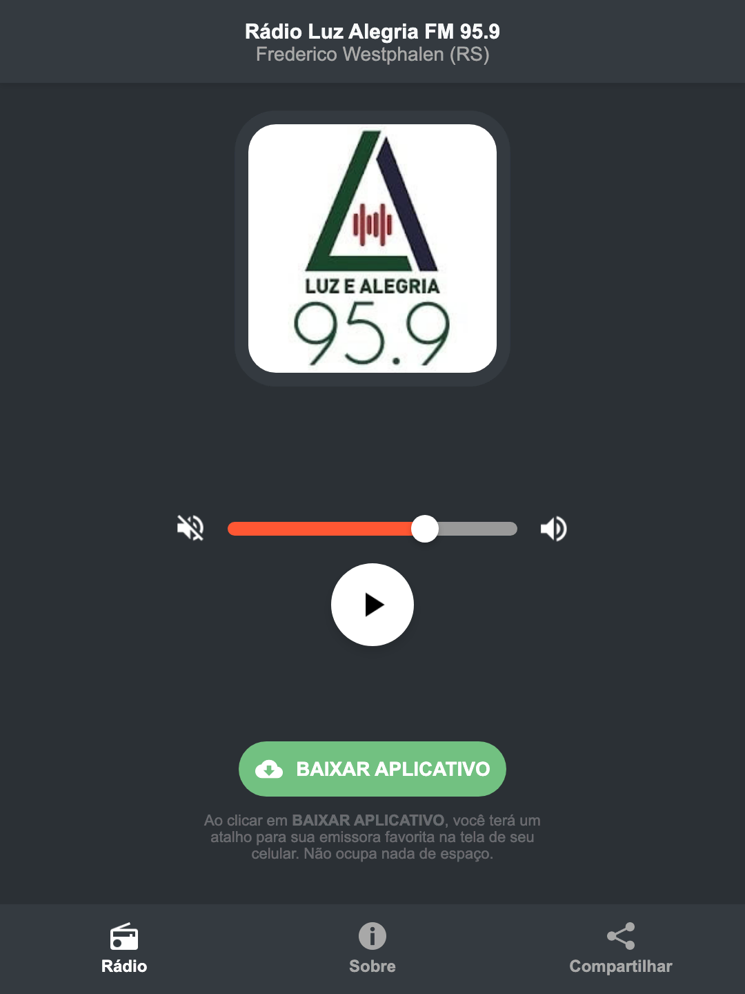 Screenshot do aplicativo da Rádio Luz Alegria FM 95.9