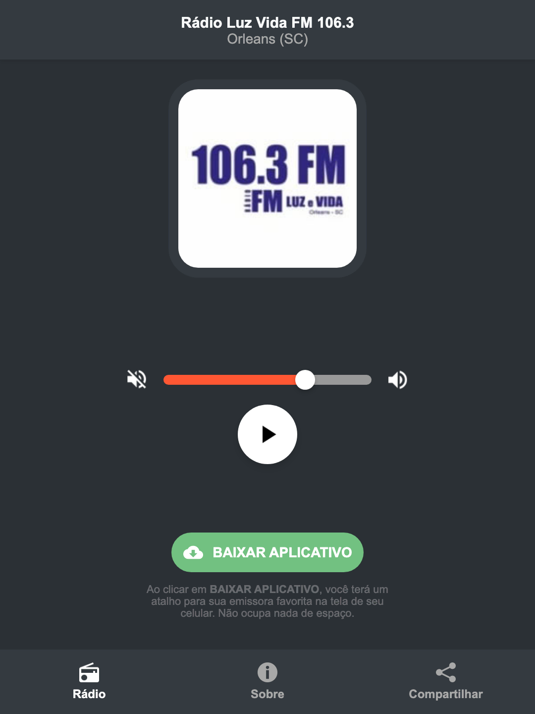 Screenshot do aplicativo da Rádio Luz Vida FM 106.3