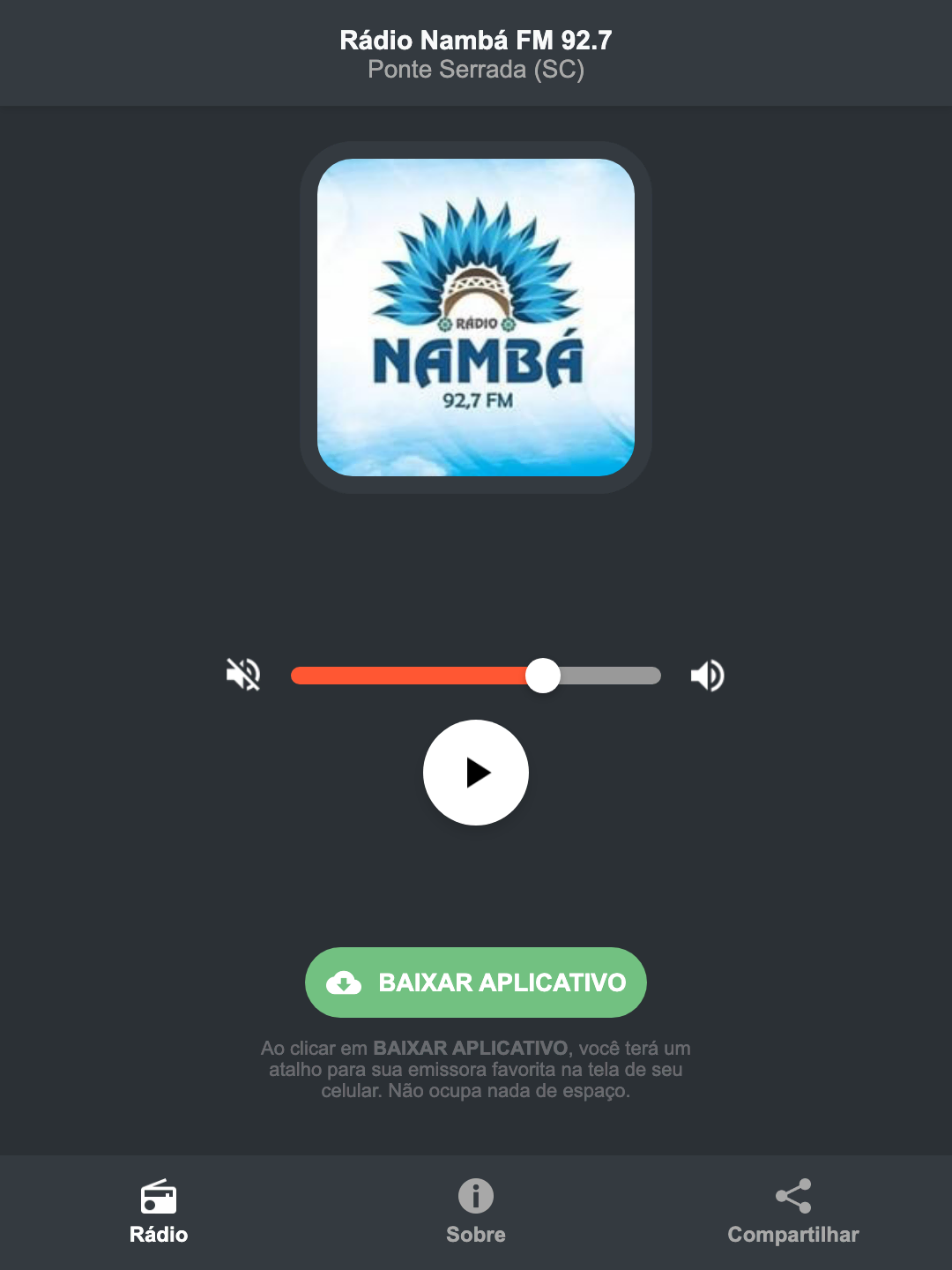 Screenshot do aplicativo da Rádio Nambá FM 92.7