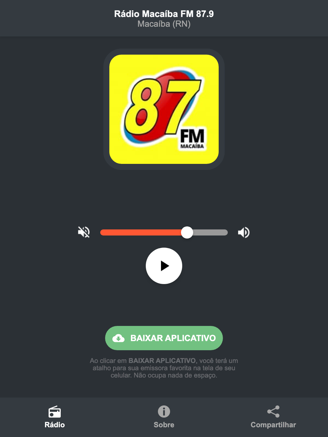 Screenshot do aplicativo da Rádio Macaíba FM 87.9