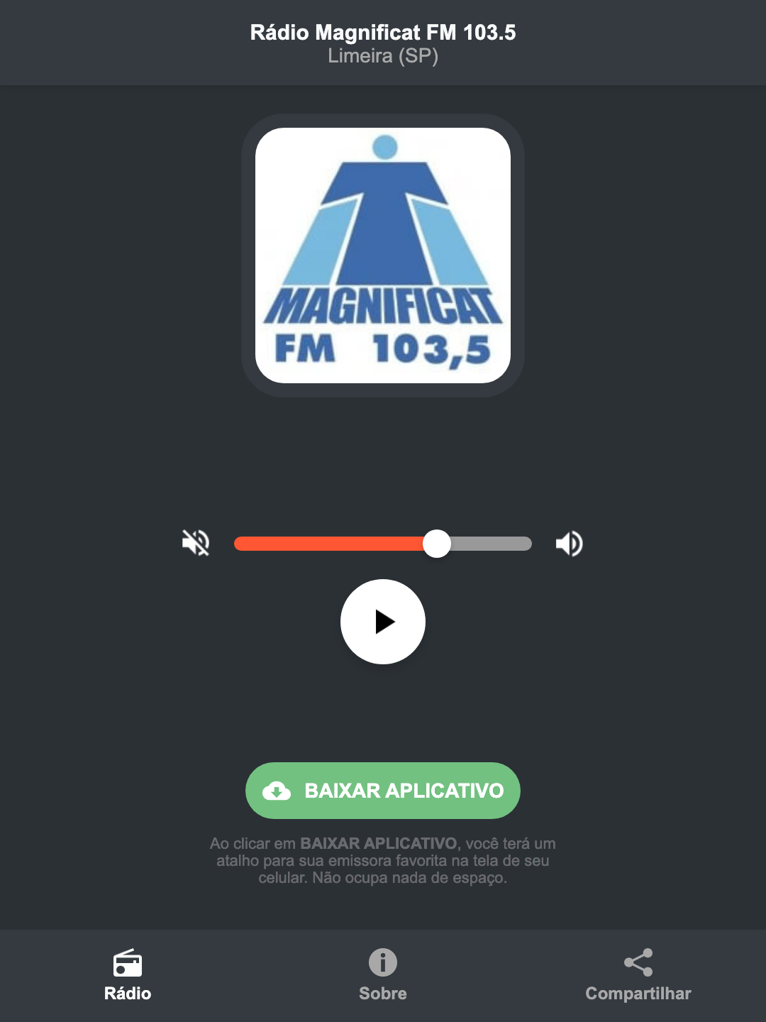 Screenshot do aplicativo da Rádio Magnificat FM 103.5
