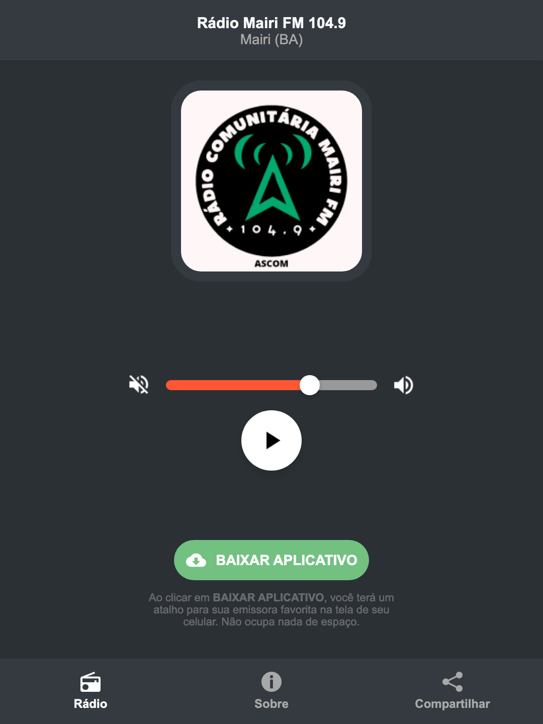 Screenshot do aplicativo da Rádio Mairi FM 104.9