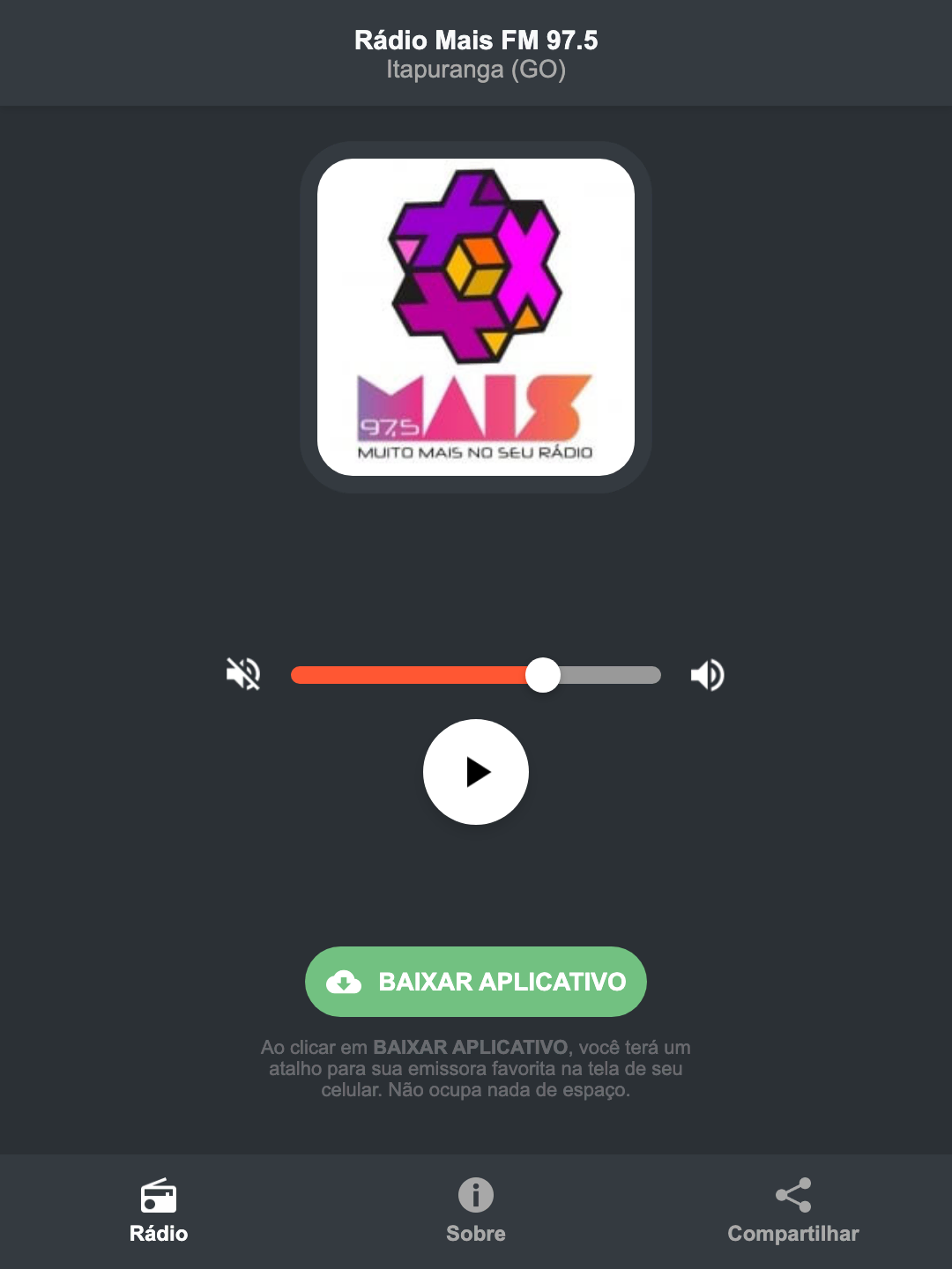 Screenshot do aplicativo da Rádio Mais FM 97.5