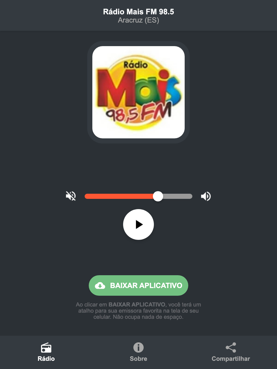 Screenshot do aplicativo da Rádio Mais FM 98.5