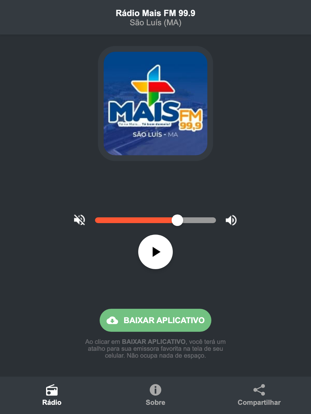 Screenshot do aplicativo da Rádio Mais FM 99.9