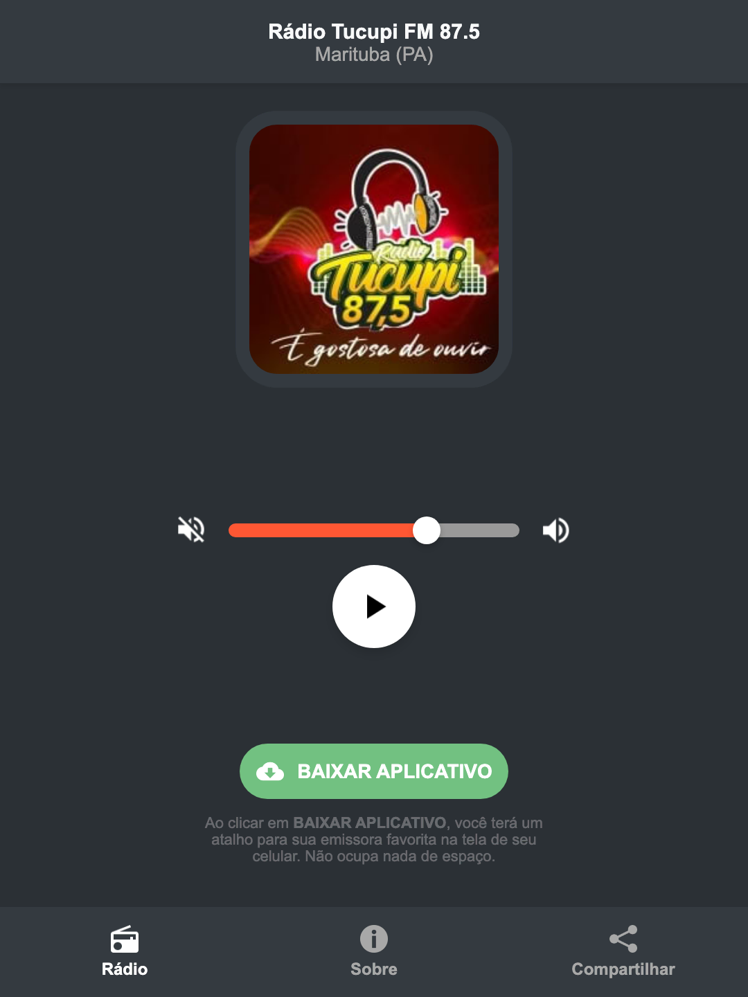 Screenshot do aplicativo da Rádio Tucupi FM 87.5