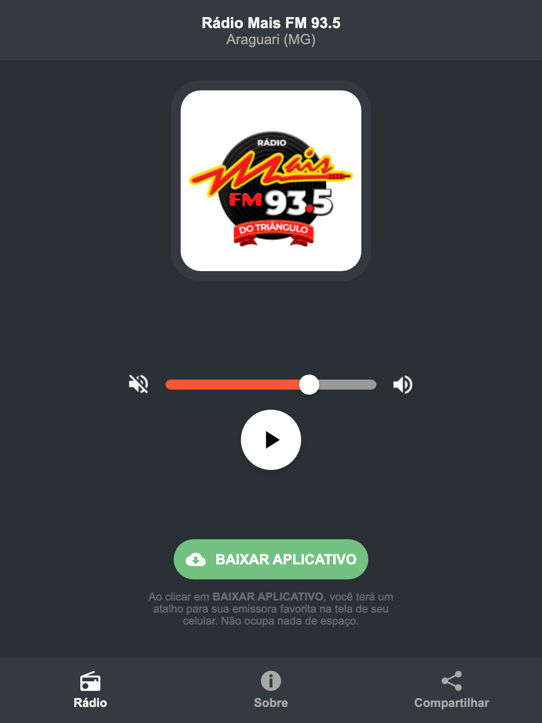 Screenshot do aplicativo da Rádio Mais FM 93.5
