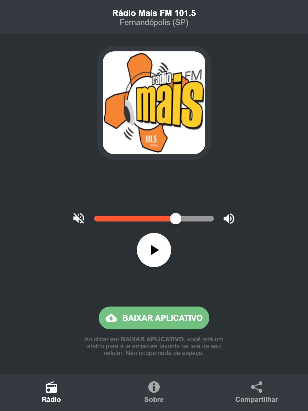 Screenshot do aplicativo da Rádio Mais FM 101.5