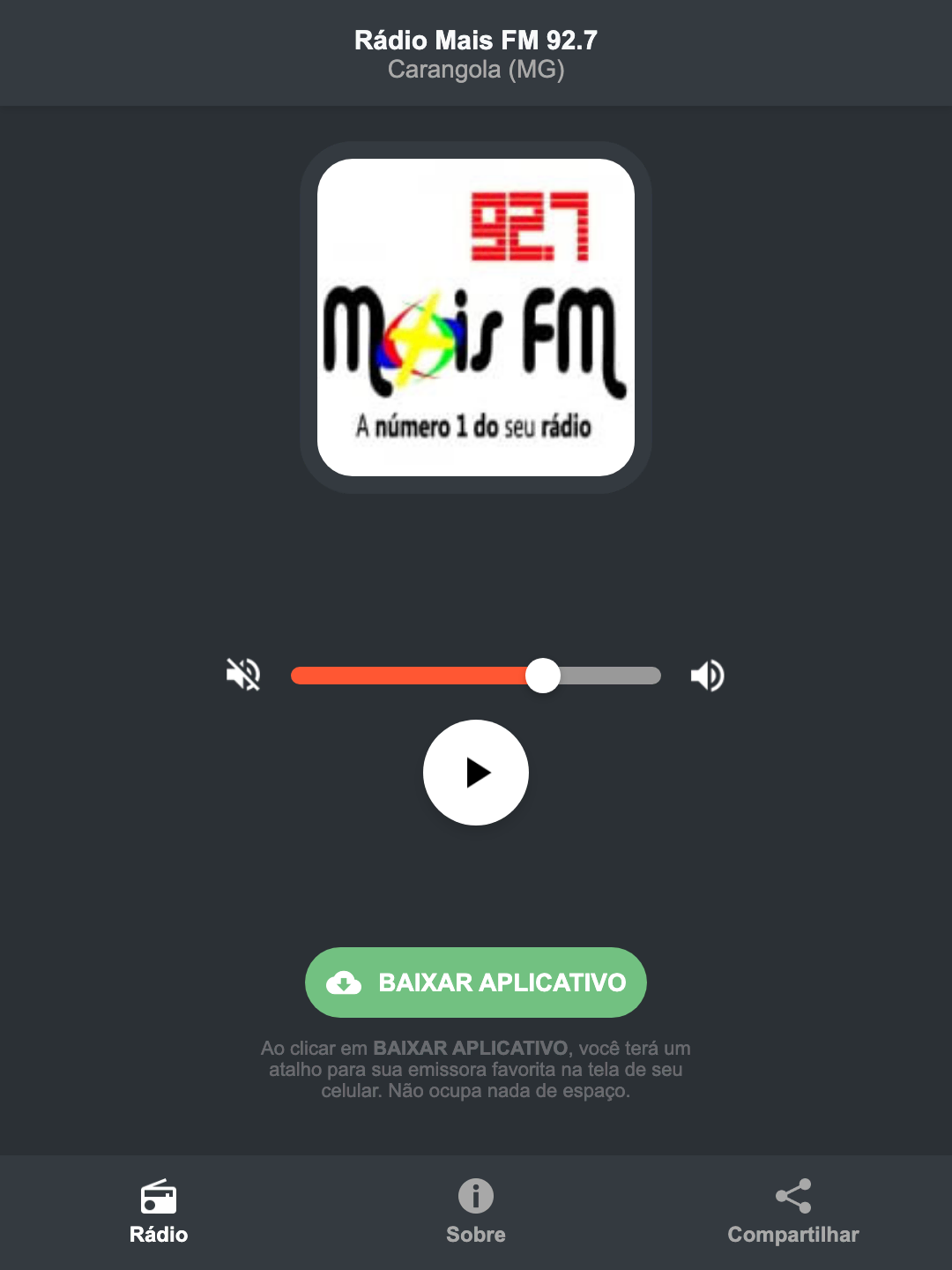 Screenshot do aplicativo da Rádio Mais FM 92.7
