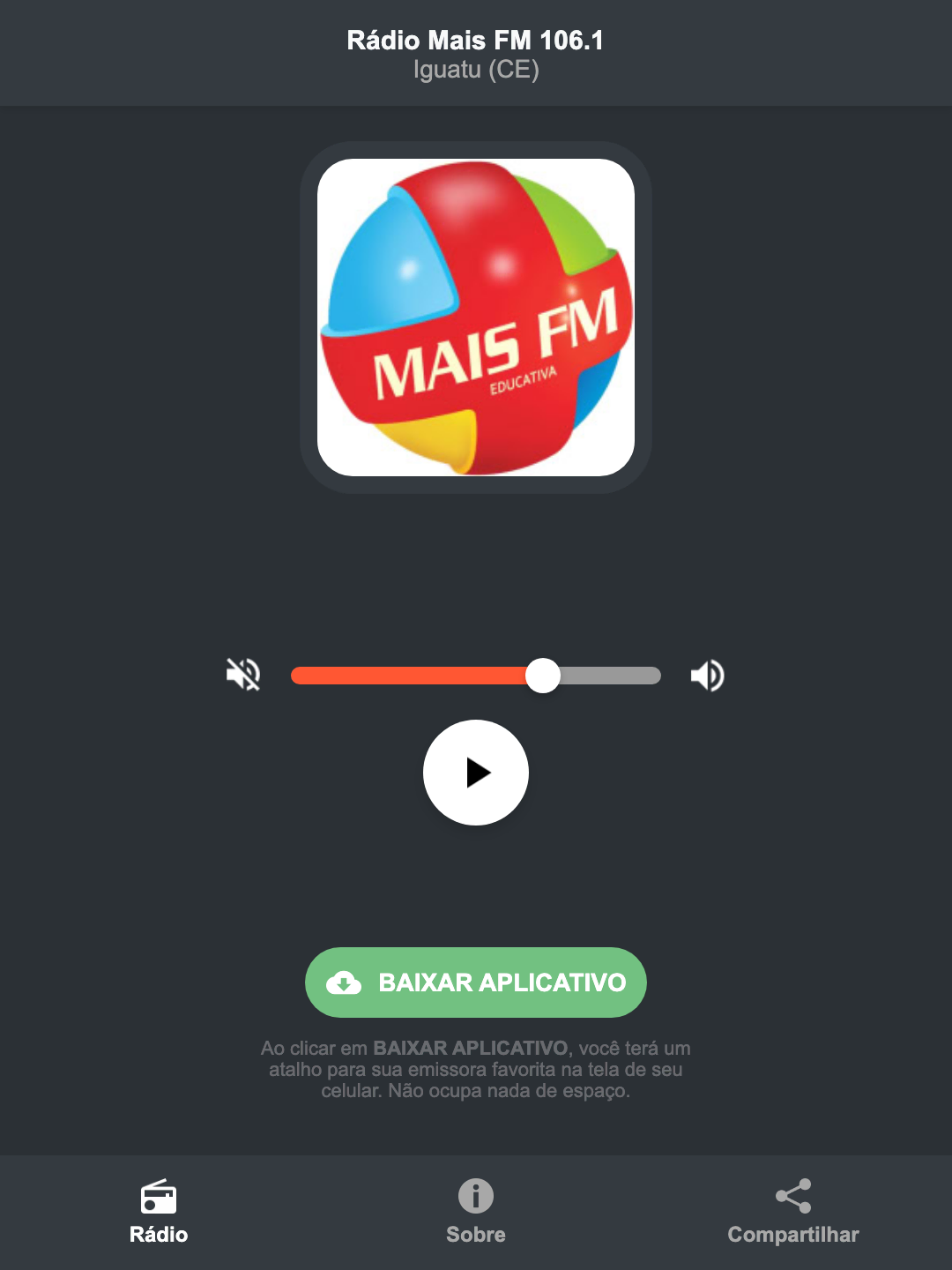 Screenshot do aplicativo da Rádio Mais FM 106.1
