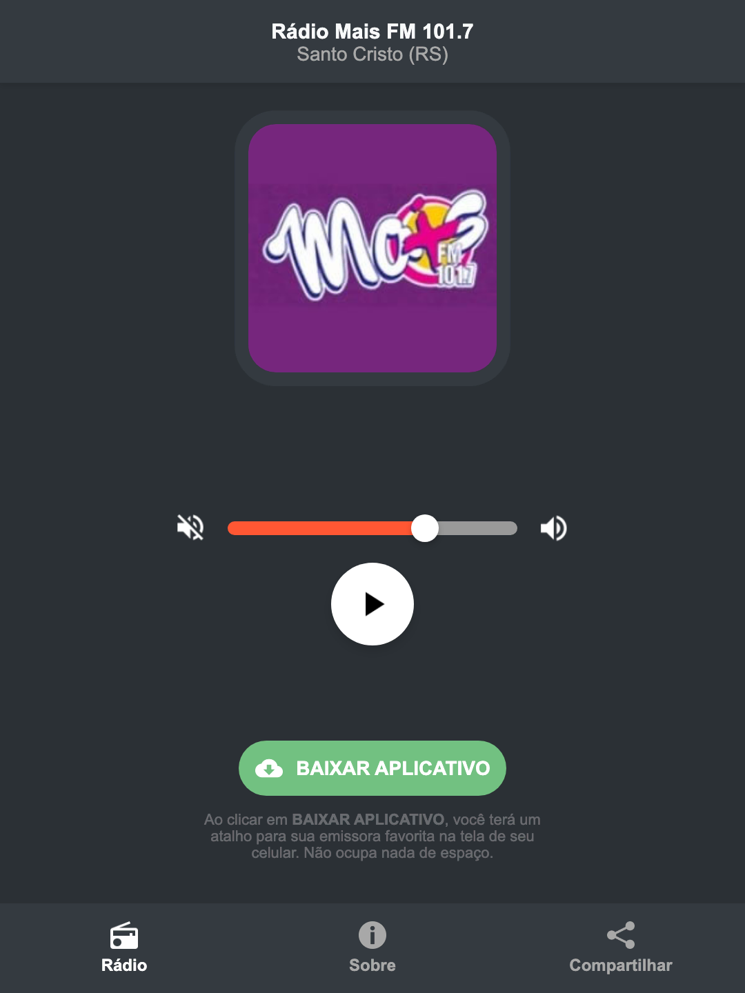 Screenshot do aplicativo da Rádio Mais FM 101.7