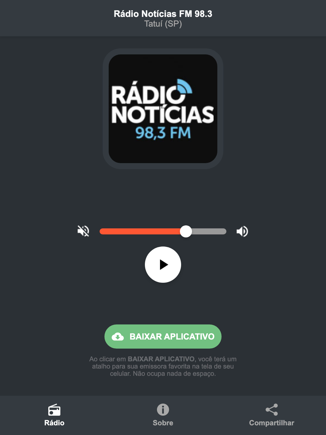 Screenshot do aplicativo da Rádio Notícias FM 98.3