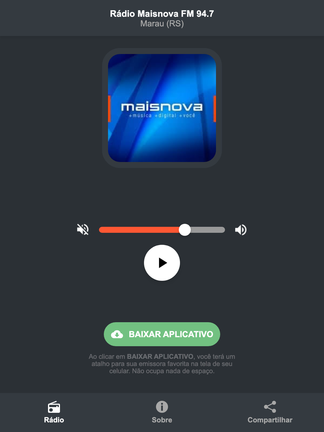 Screenshot do aplicativo da Rádio Maisnova FM 94.7