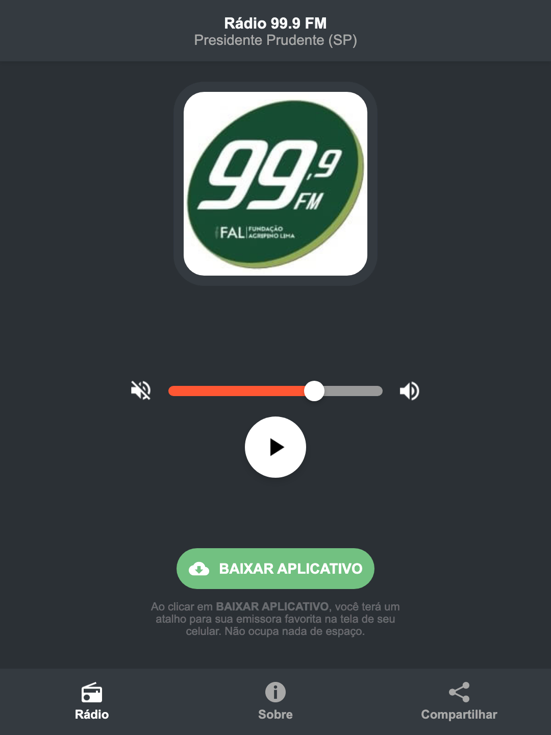 Screenshot do aplicativo da Rádio 99.9 FM