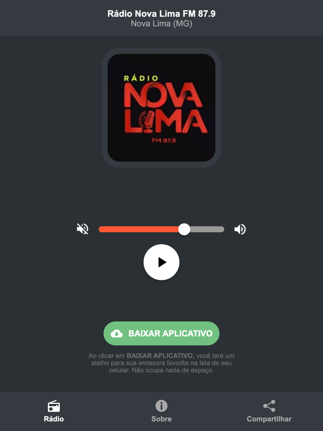 Screenshot do aplicativo da Rádio Nova Lima FM 87.9