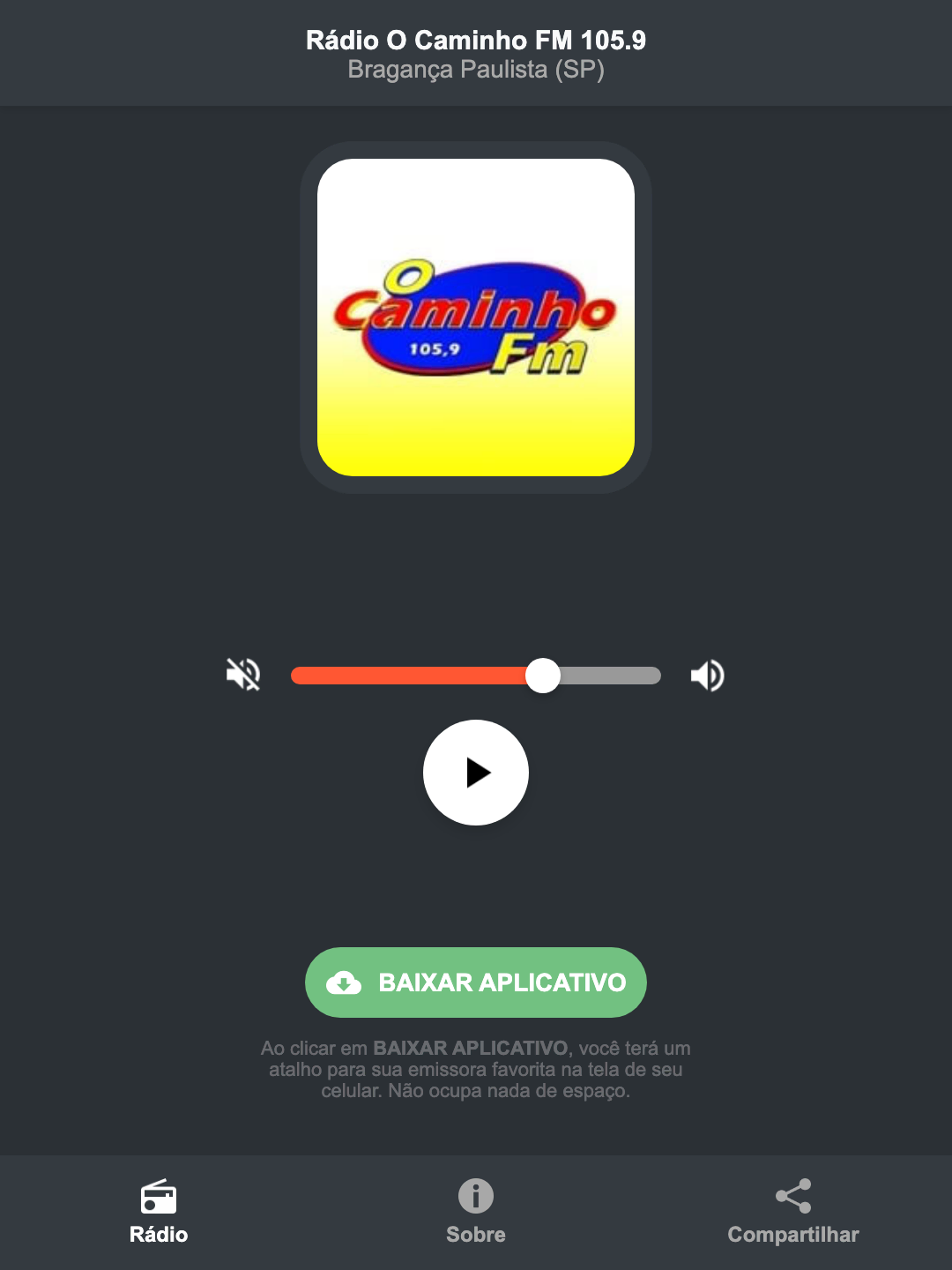 Screenshot do aplicativo da Rádio O Caminho FM 105.9