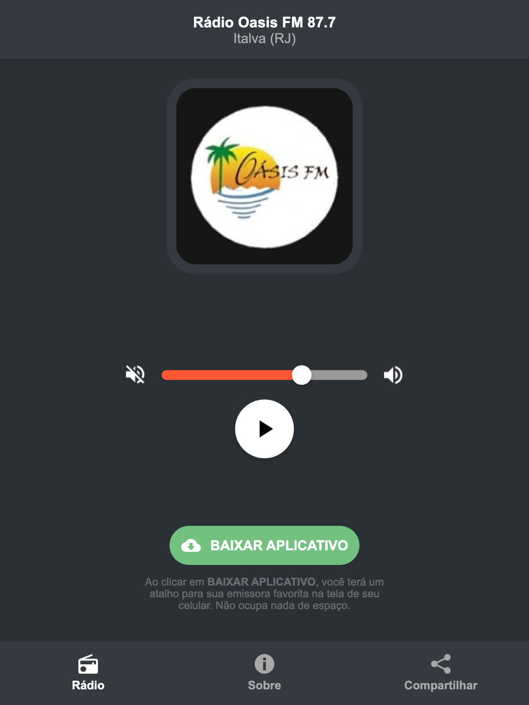 Screenshot do aplicativo da Rádio Oasis FM 87.7