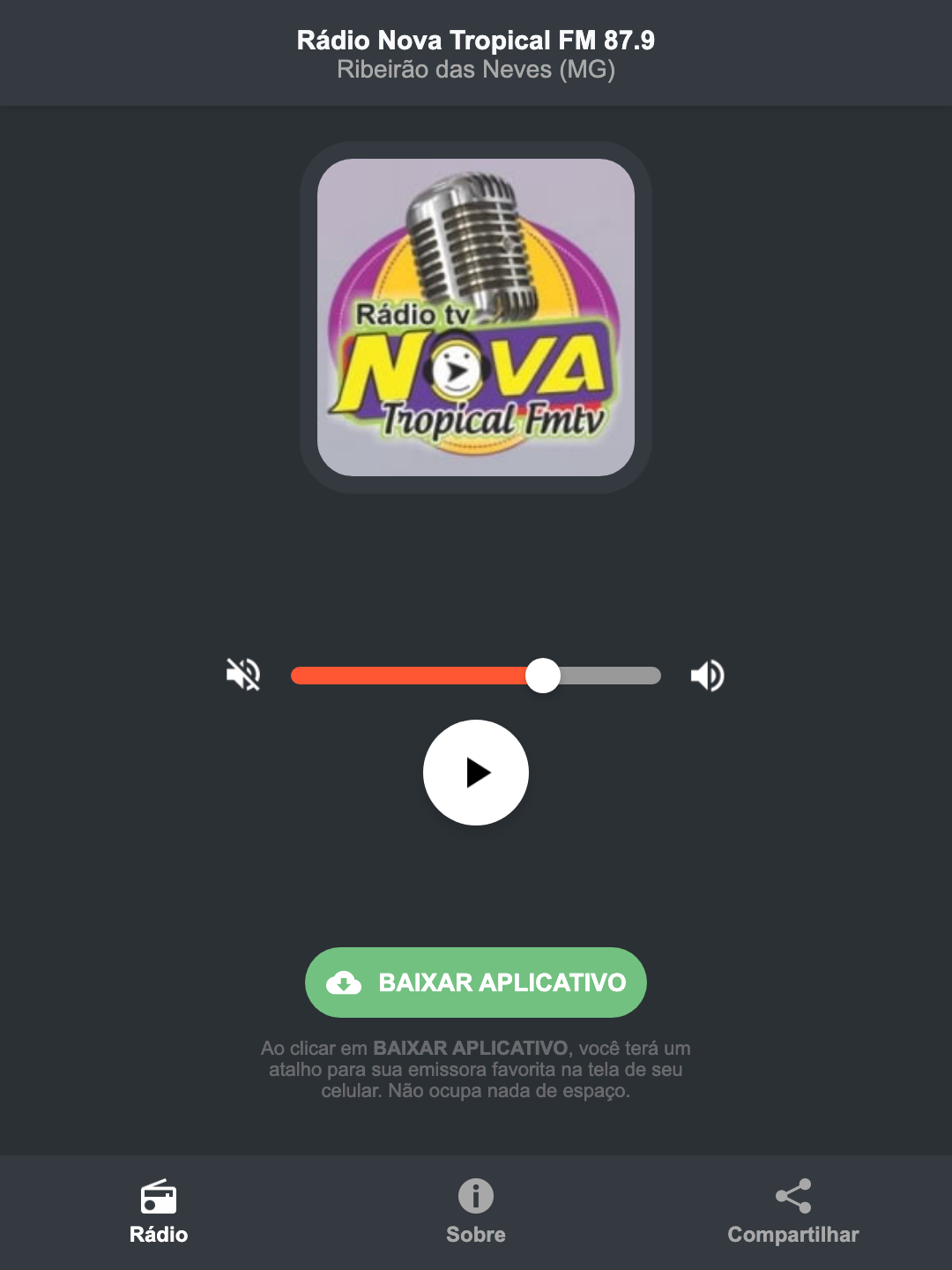 Screenshot do aplicativo da Rádio Nova Tropical FM 87.9
