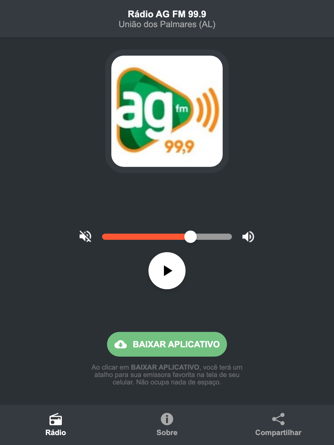 Screenshot do aplicativo da Rádio AG FM 99.9