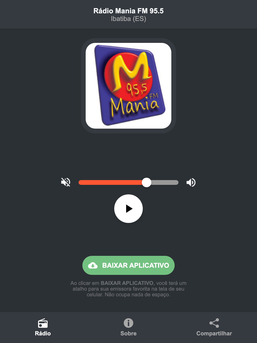 Screenshot do aplicativo da Rádio Mania FM 95.5