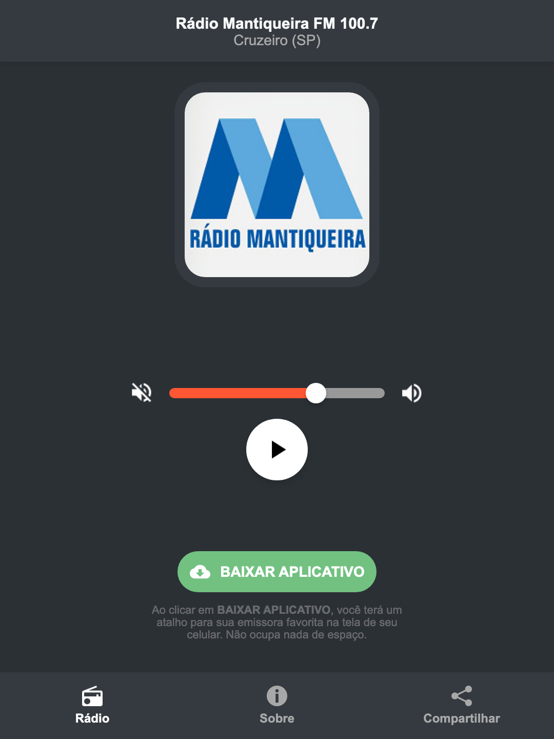 Screenshot do aplicativo da Rádio Mantiqueira FM 100.7