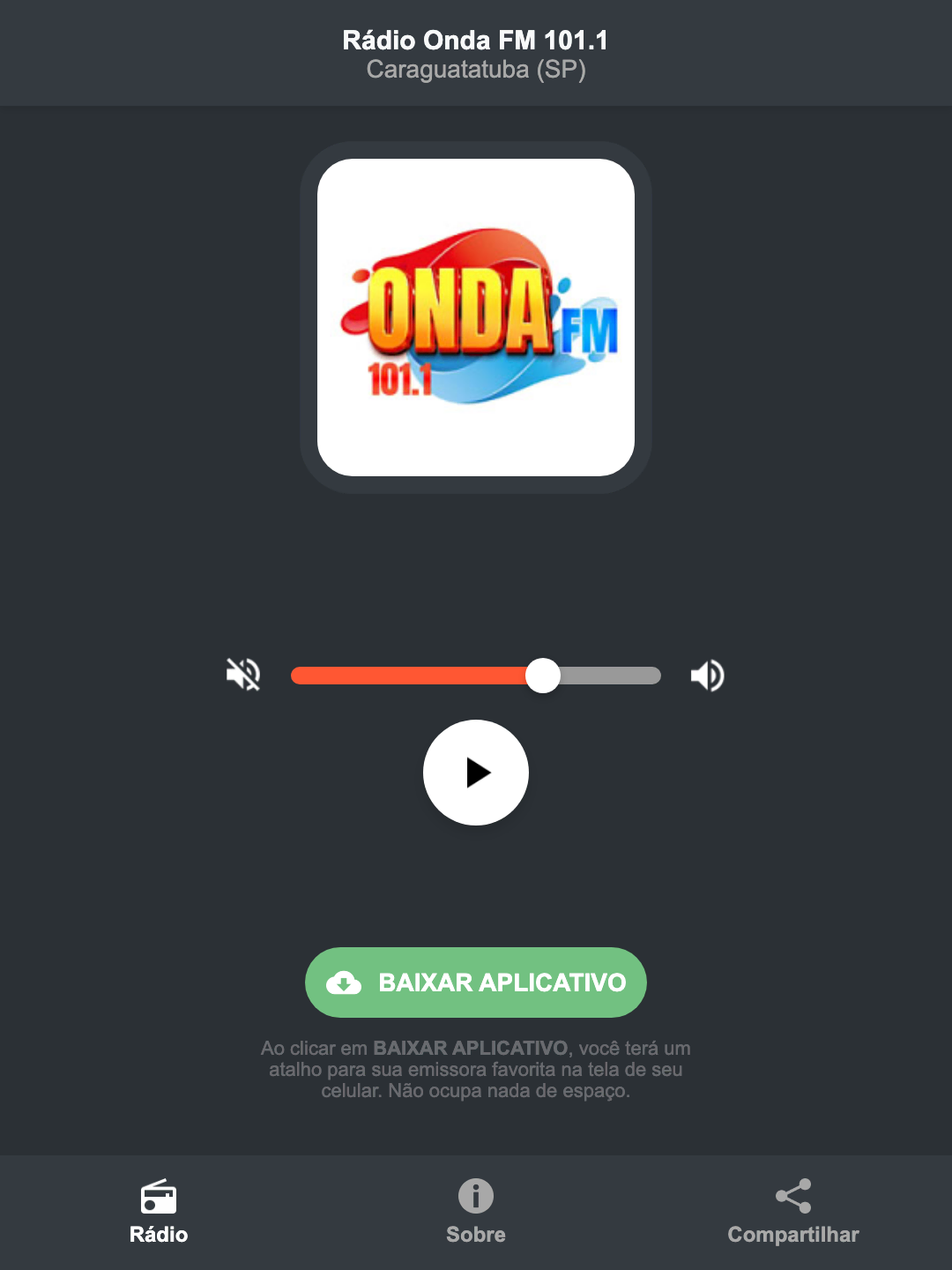 Screenshot do aplicativo da Rádio Onda FM 101.1