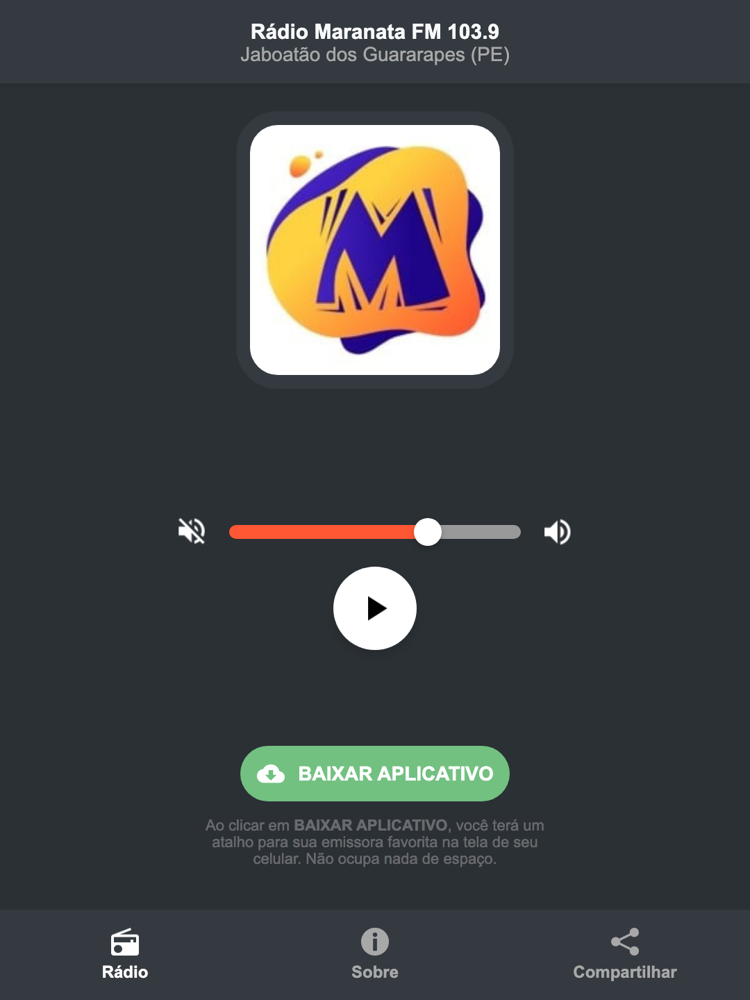 Screenshot do aplicativo da Rádio Maranata FM 103.9
