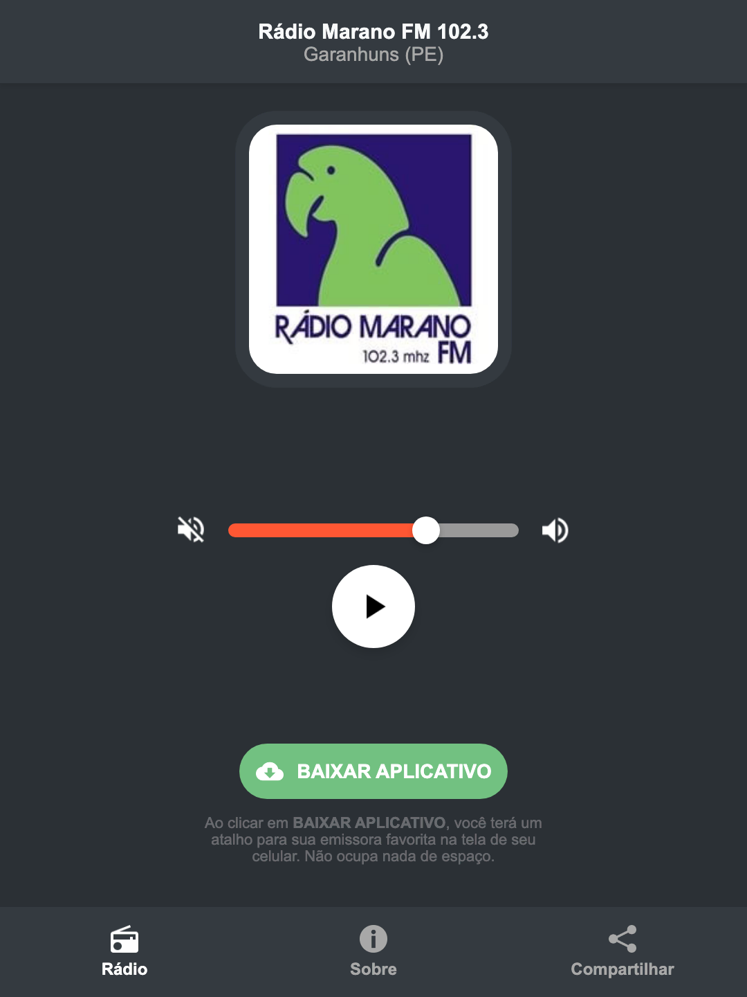 Screenshot do aplicativo da Rádio Marano FM 102.3