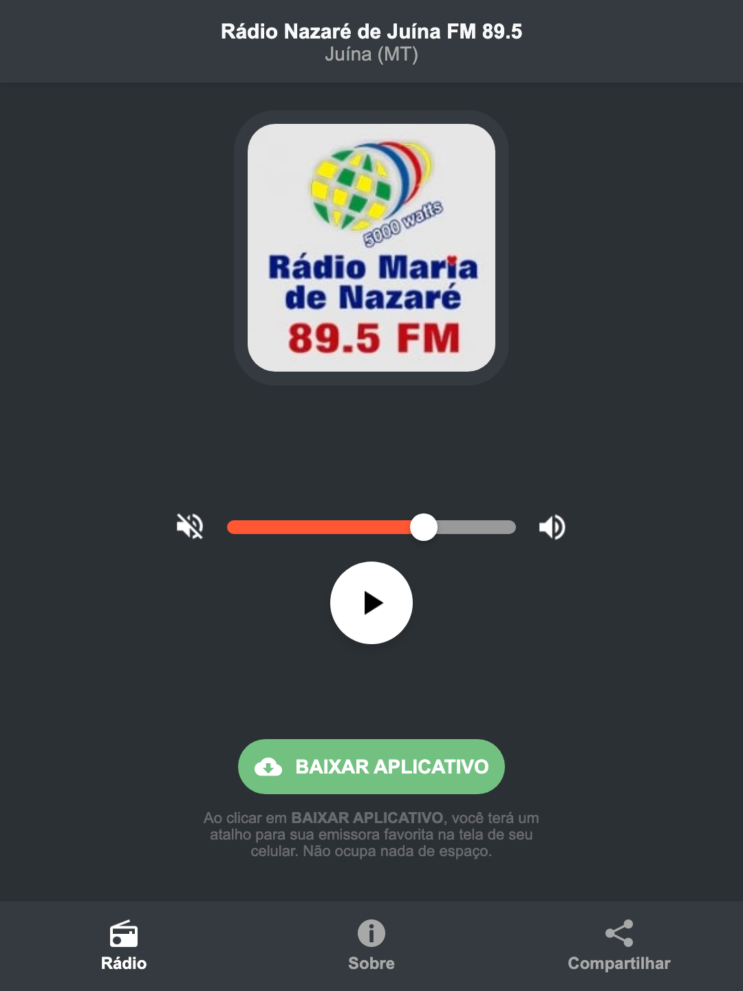 Screenshot do aplicativo da Rádio Nazaré de Juína FM 89.5