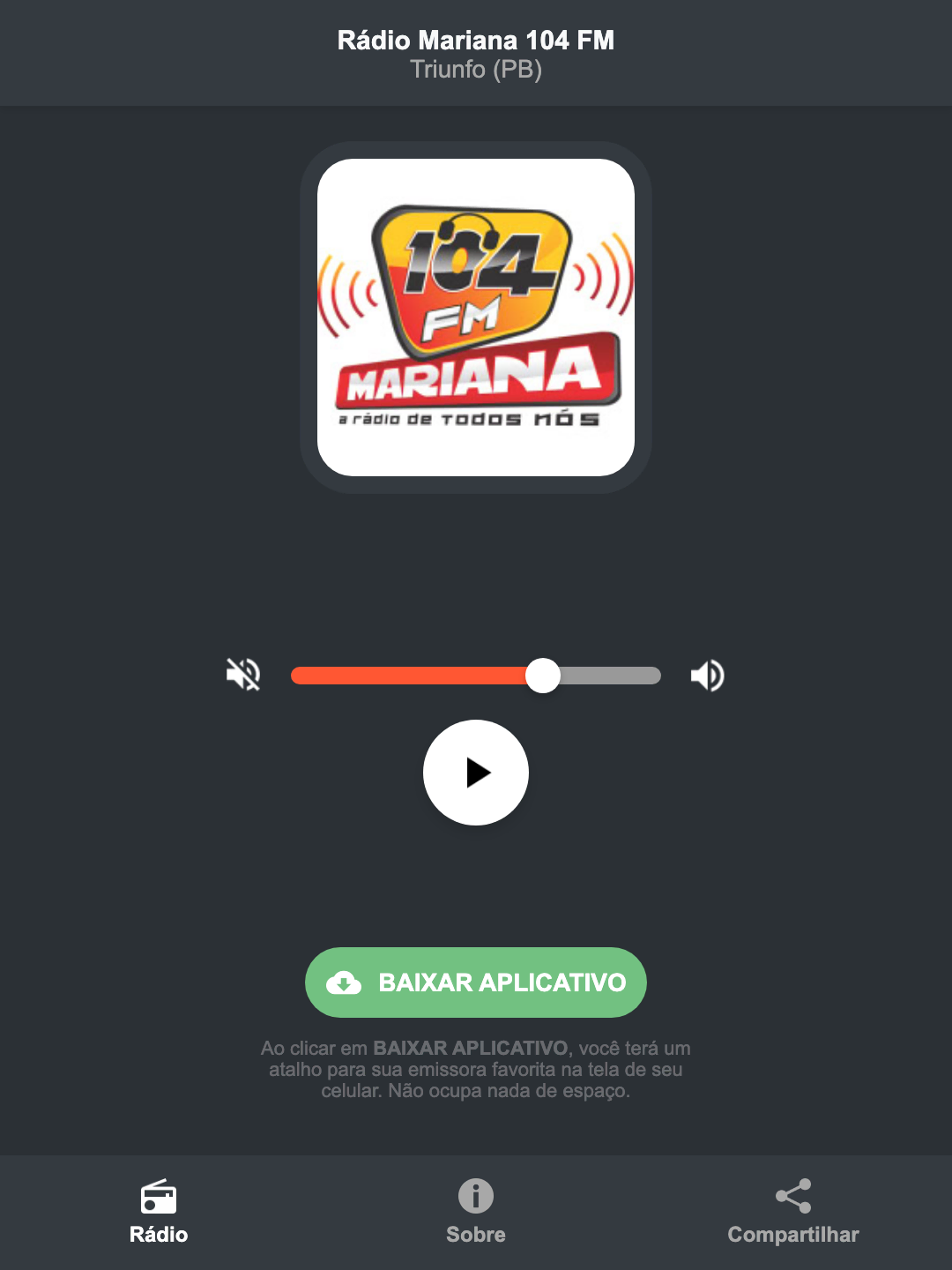 Screenshot do aplicativo da Rádio Mariana 104 FM