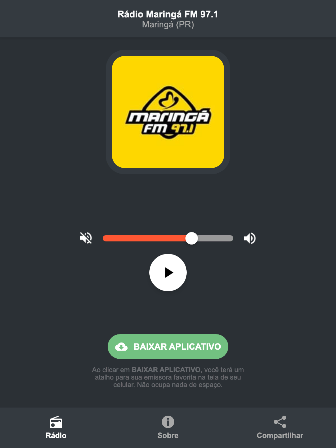 Screenshot do aplicativo da Rádio Maringá FM 97.1