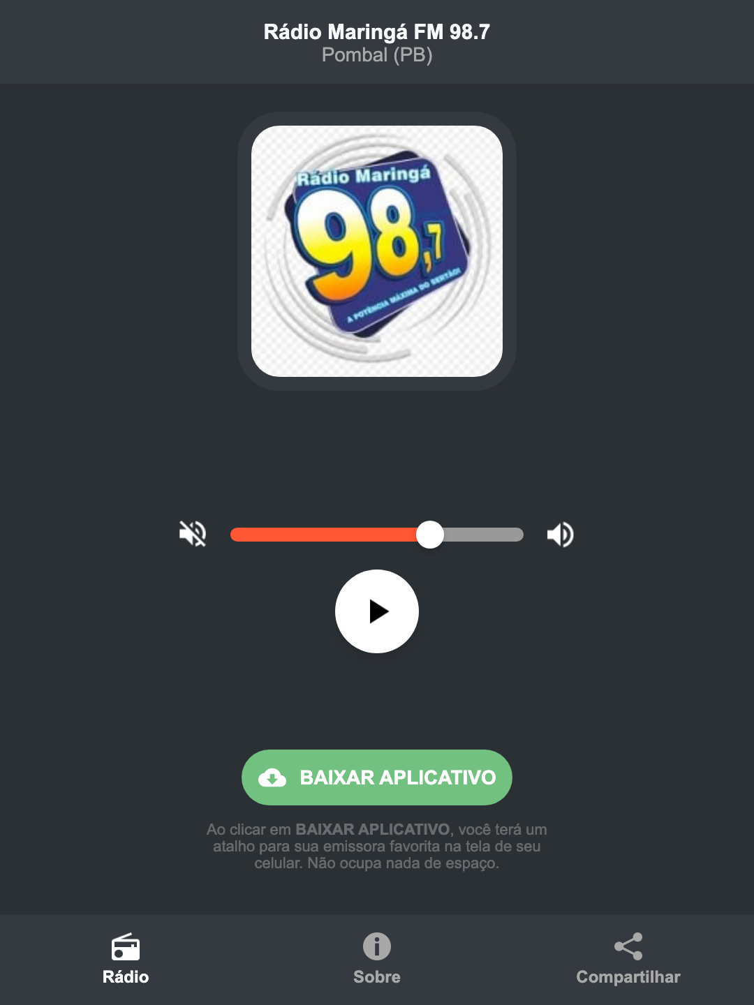 Screenshot do aplicativo da Rádio Maringá FM 98.7