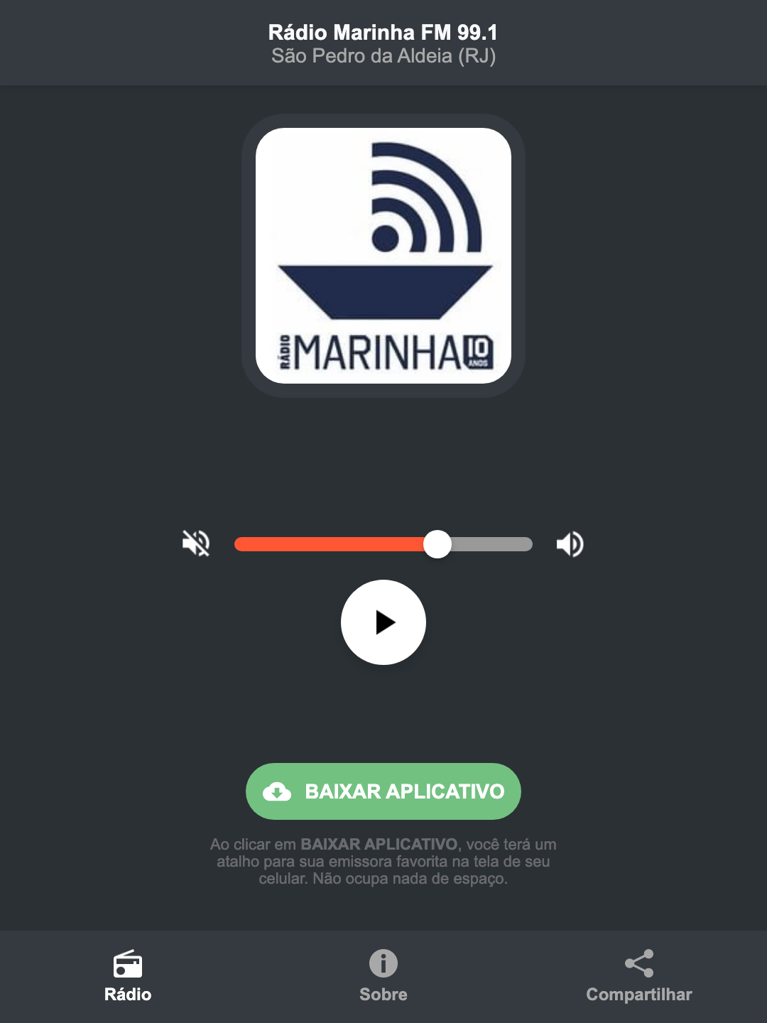 Screenshot do aplicativo da Rádio Marinha FM 99.1