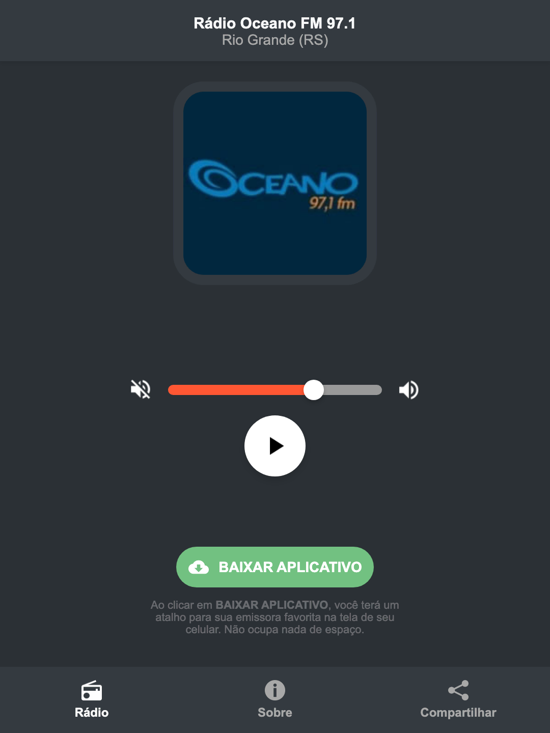 Screenshot do aplicativo da Rádio Oceano FM 97.1