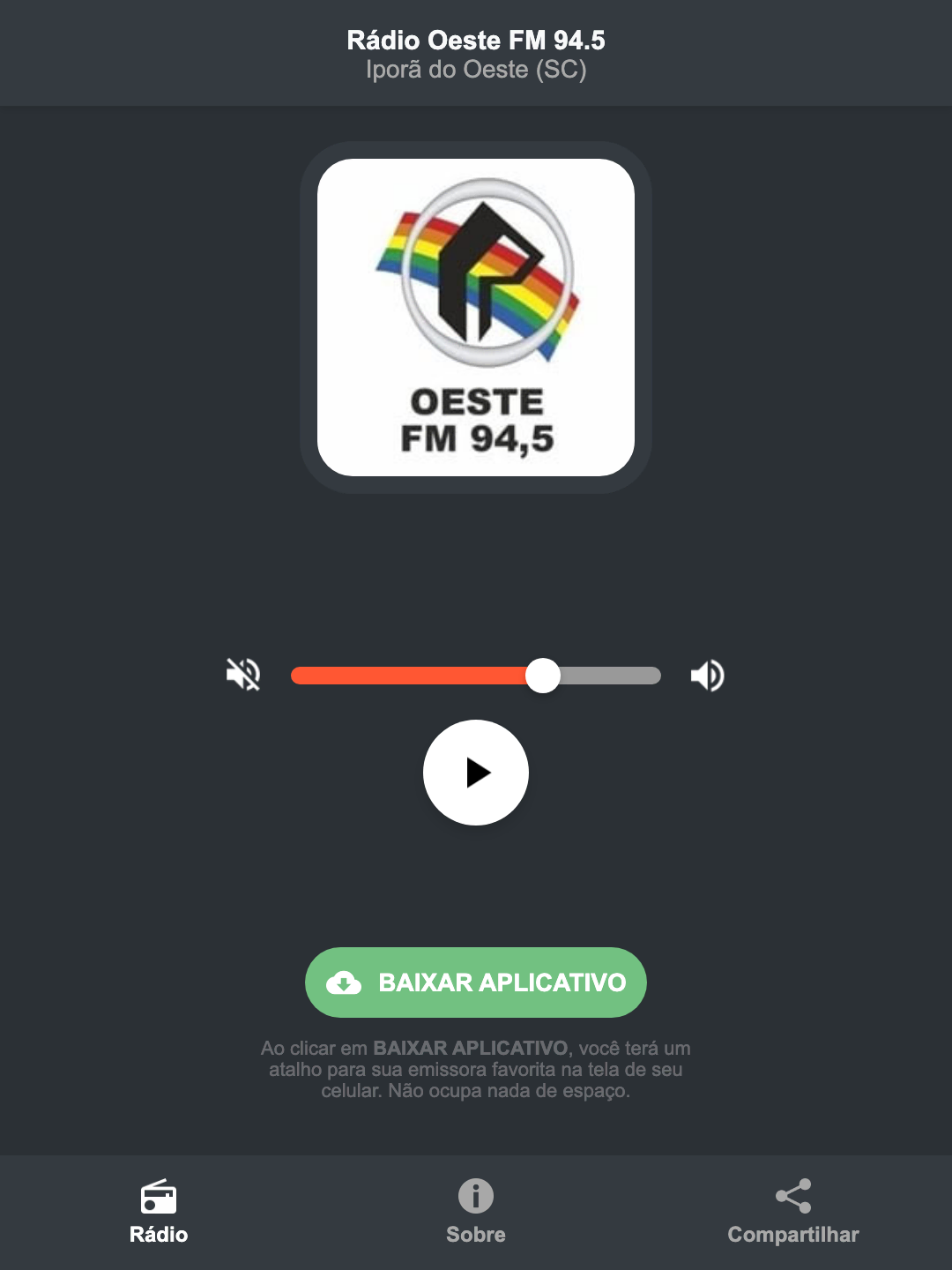 Screenshot do aplicativo da Rádio Oeste FM 94.5