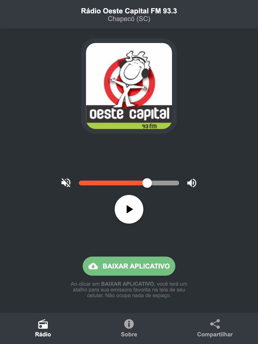 Screenshot do aplicativo da Rádio Oeste Capital FM 93.3