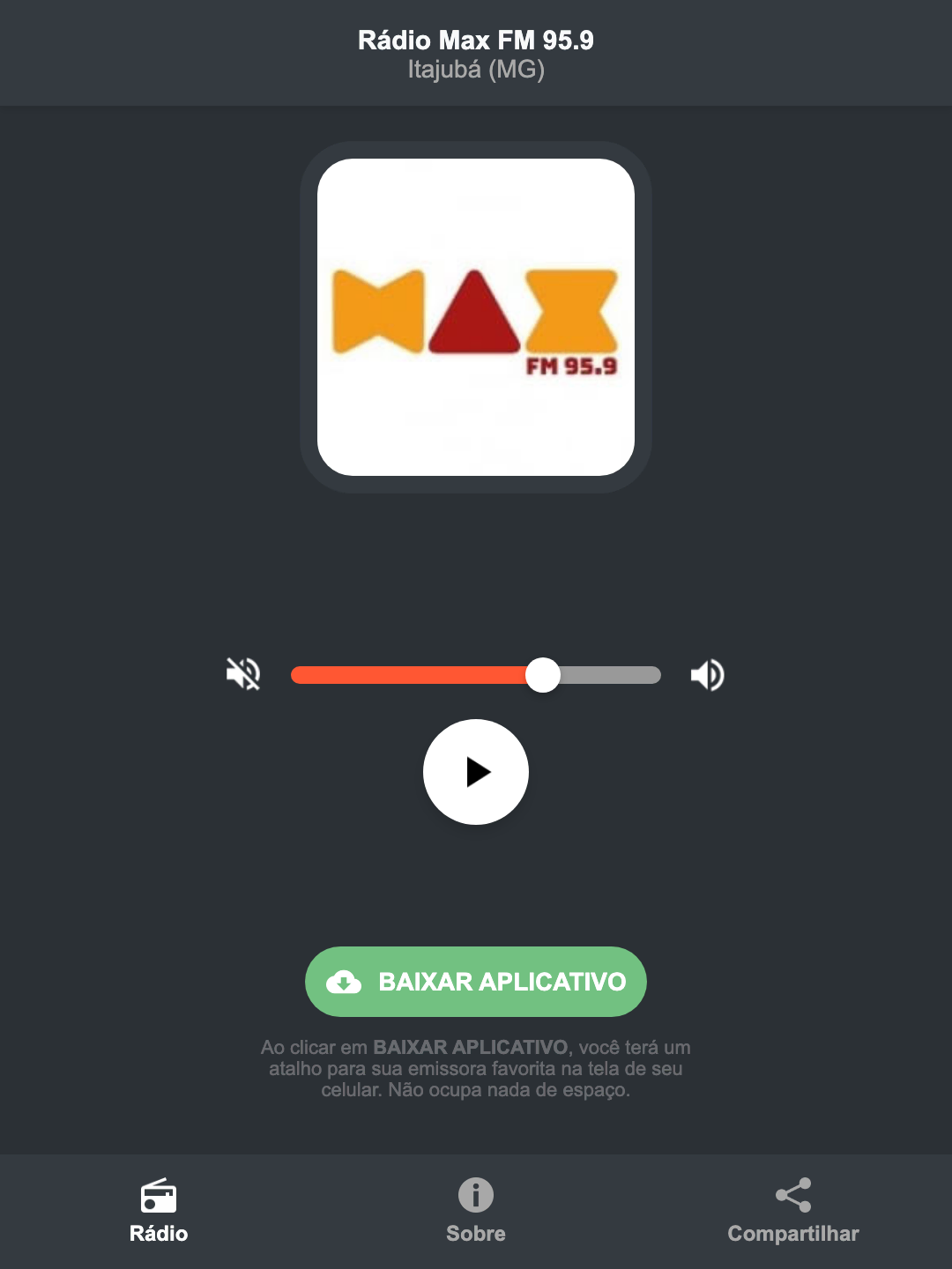 Screenshot do aplicativo da Rádio Max FM 95.9